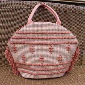 Straw Fringe Tote Handbag Beach Pool Shoulder Bag - Shade & Shore Rose Pink